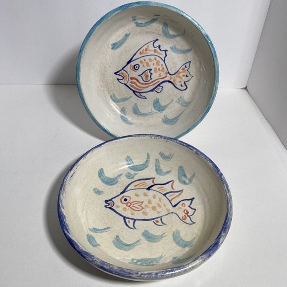 Dan Eash Art Pottery PA Handmade Glazed Stoneware Fish Bowl Pair Set Of 2 7.5in - Picture 1 of 15